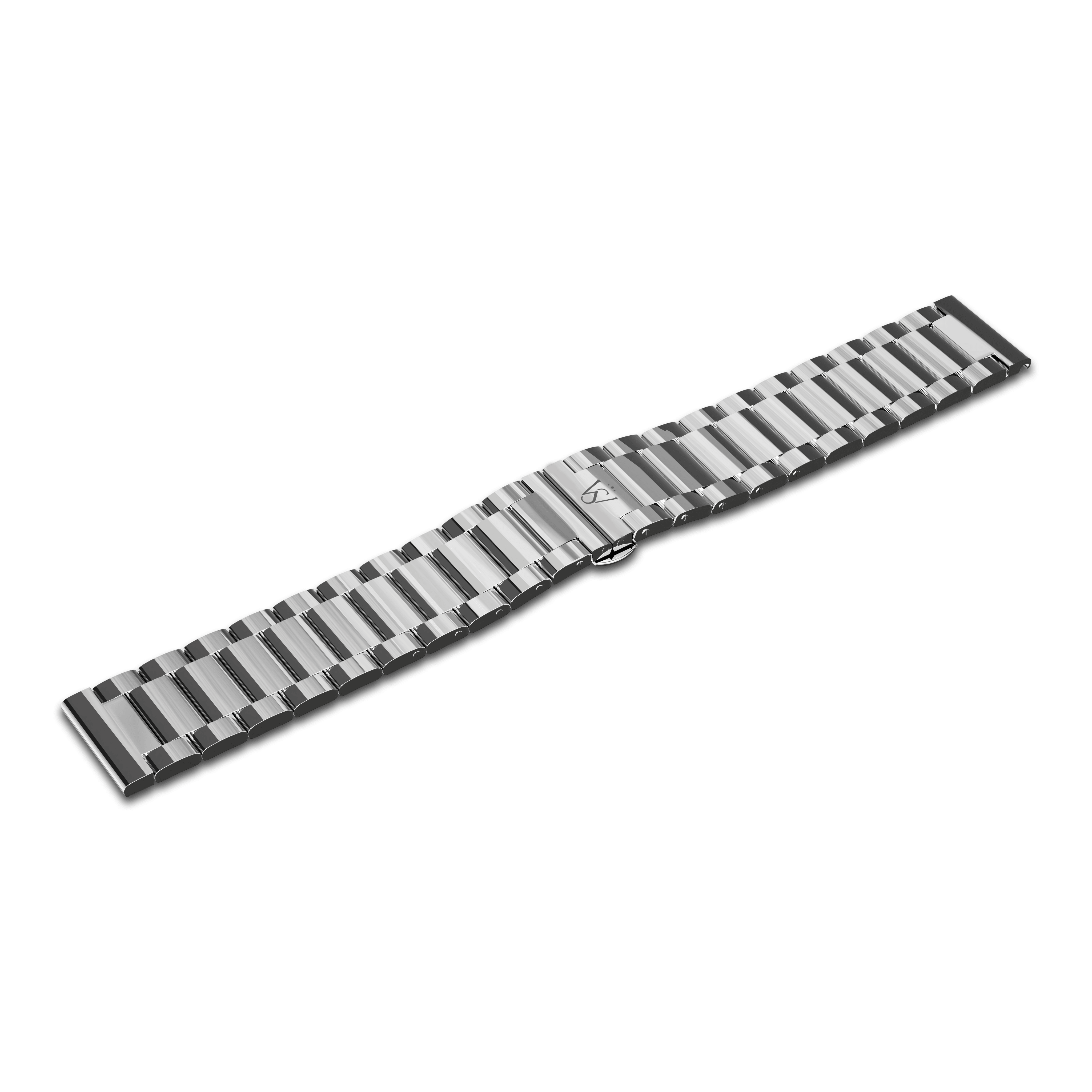 The GATSBY Polished Steel (20mm) watch band showcases a polished and brushed finish with a folding clasp. It features a structured, linked design and offers a shiny appearance.