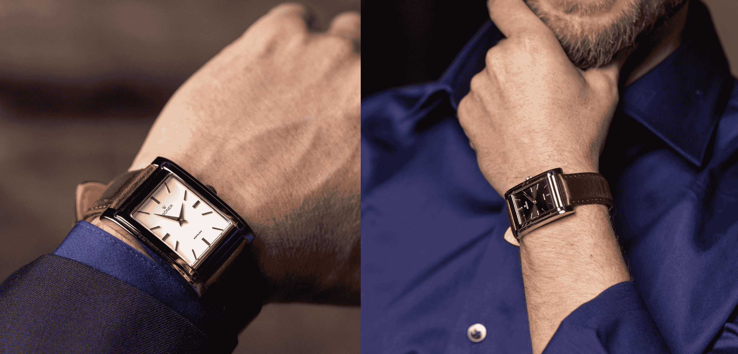 A person wearing a blue shirt models a wristwatch with a brown leather strap and a rectangular silver case. The white dial features simple black hour markers. The hand positions showcase the watch on the wrist and near the chin.