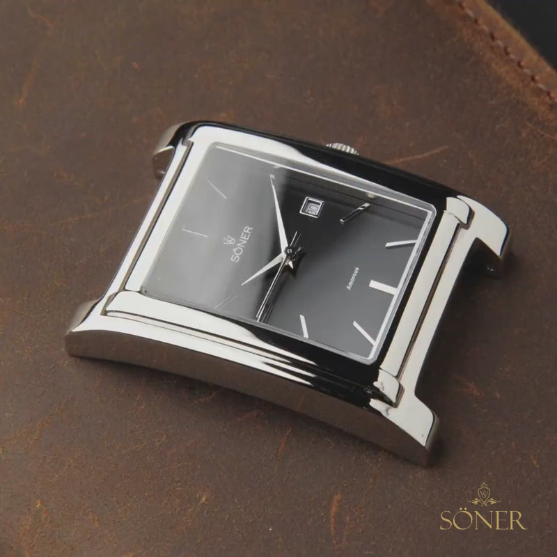 Barcelona, Automatic Rectangular Watch, Polished Steel, Black