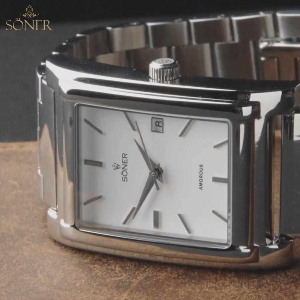 Vienna, Automatic Rectangular Watch, Polished Steel, White