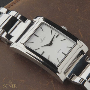Paris, Rectangular Watch in Polished Steel, White Dial