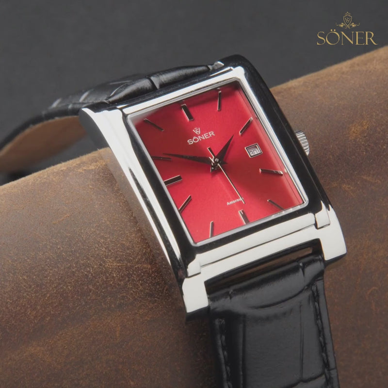 Rio, Automatic Rectangular Watch, Polished Steel, Red