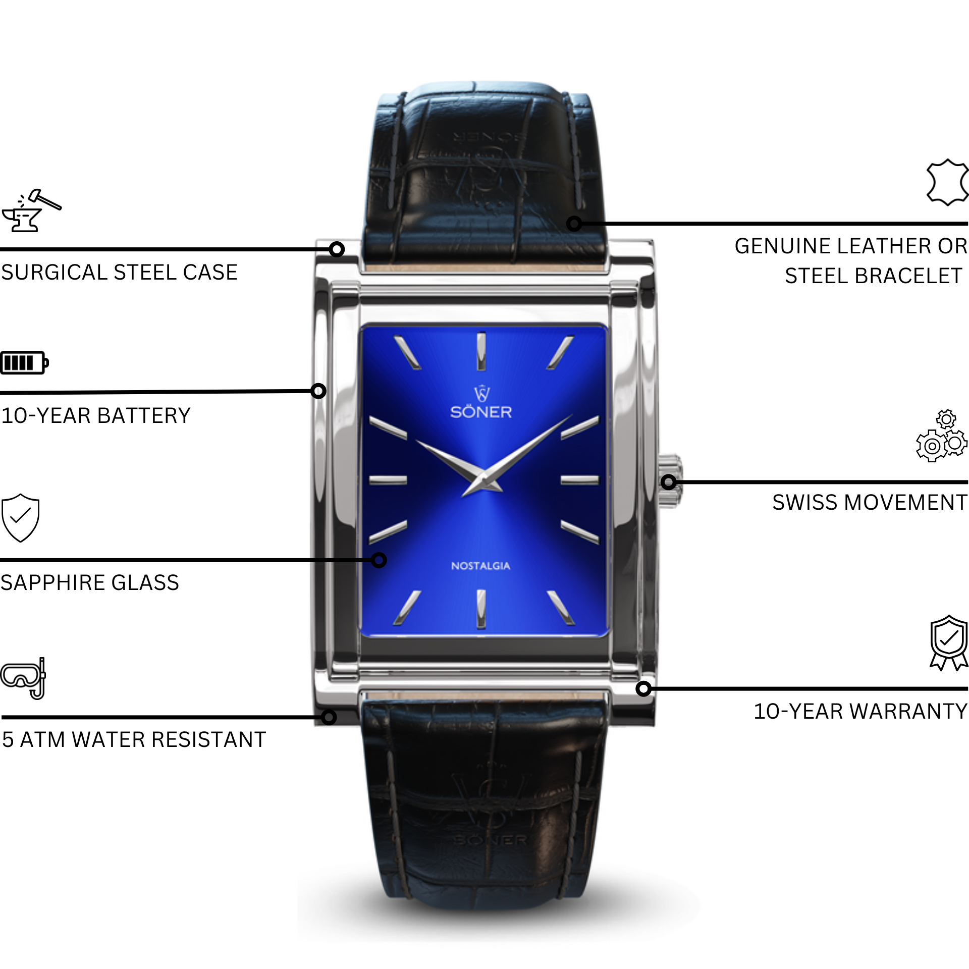 Refined rectangular timepiece with a deep blue dial and matching strap