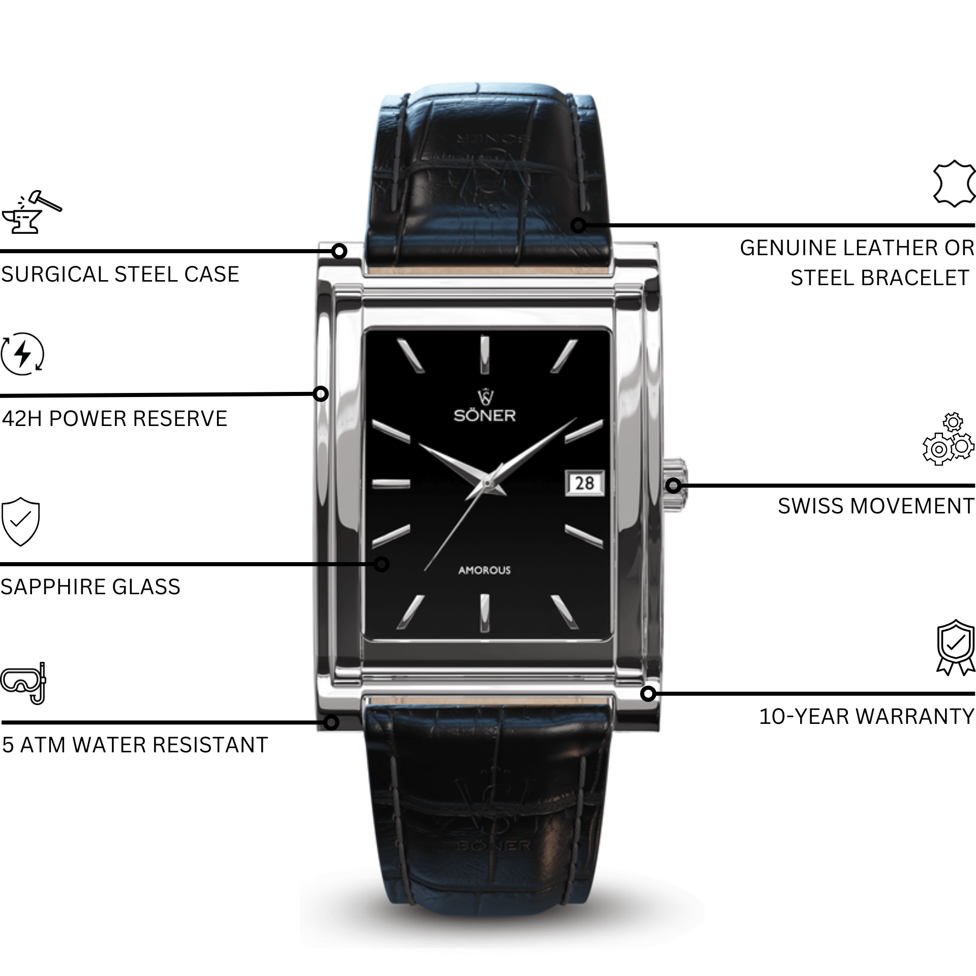 The Amorous Barcelona (Self-winding) watch from Söner: This rectangular timepiece boasts a sleek silver frame with a black dial that features slim silver hour markers and hands. The dial proudly displays the Soner brand name alongside its Analogous feature, highlighting the date. To complete its stylish appeal, it is paired with a black crocodile-patterned leather strap.