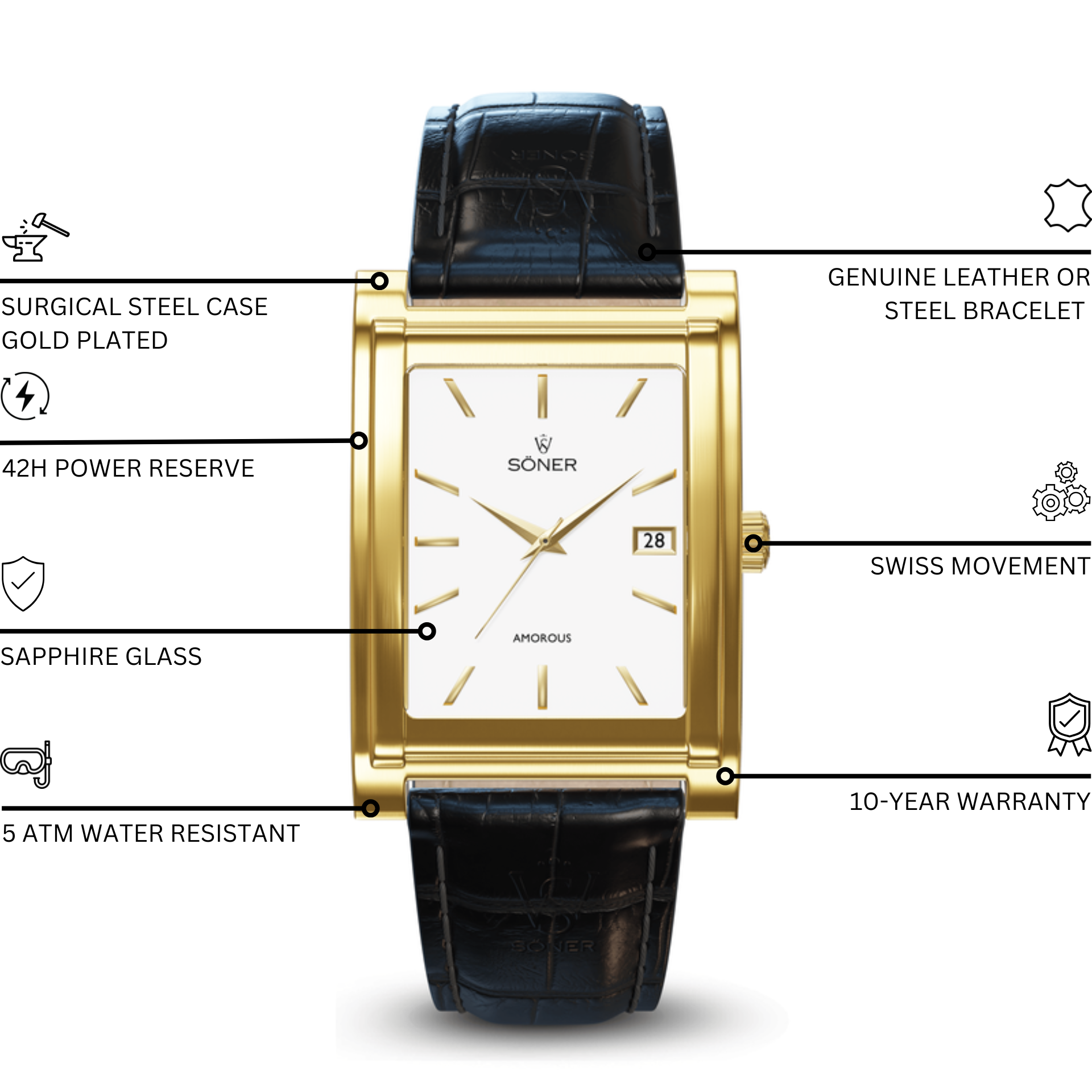 The Amorous Casablanca (Self-winding) is an beautiful rectangular watch featuring a gold frame with a white face, gold hour markers, and sleek black hands. It includes a date window on its dial, which prominently displays the Soner name. This exquisite timepiece is completed by a sophisticated black leather strap with a crocodile pattern.