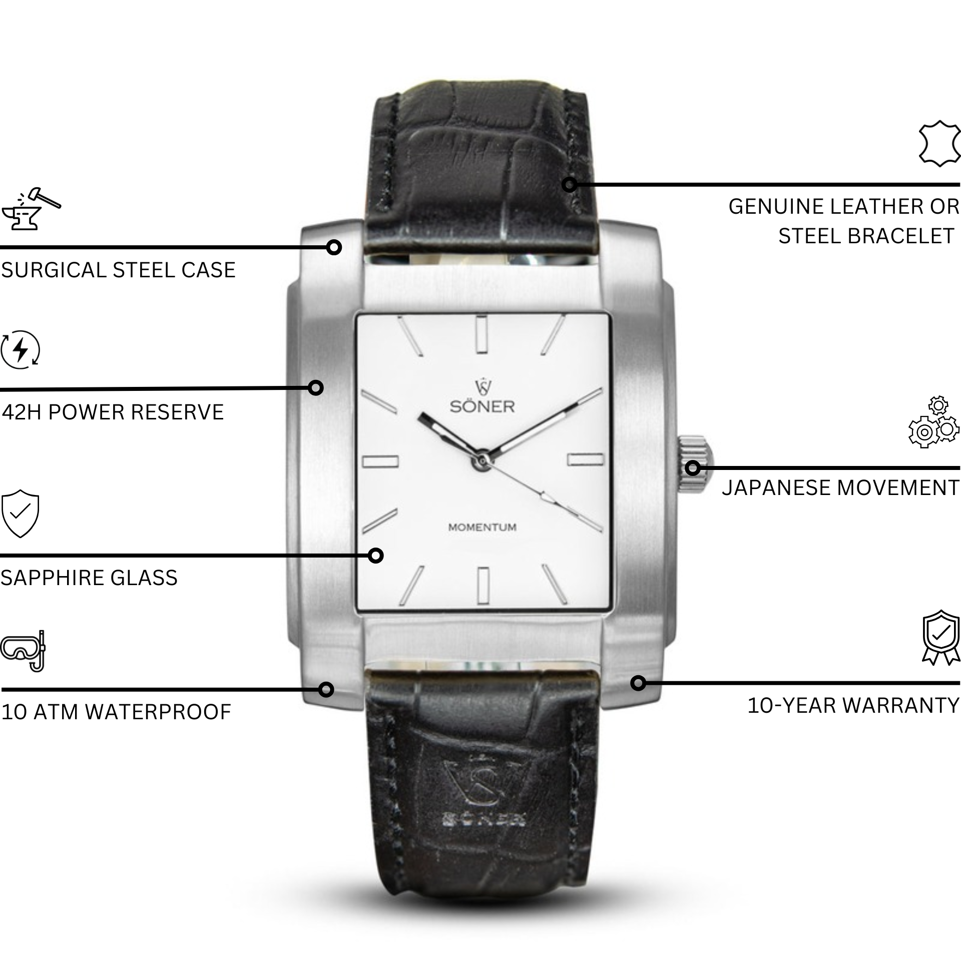 Momentum Atlas, a self-winding rectangular wristwatch, boasts a silver case and white dial with a minimalist design. It features a black leather strap and simple hour indicators, while the brand name Soner adorns the dial, defining this elegant timepiece.