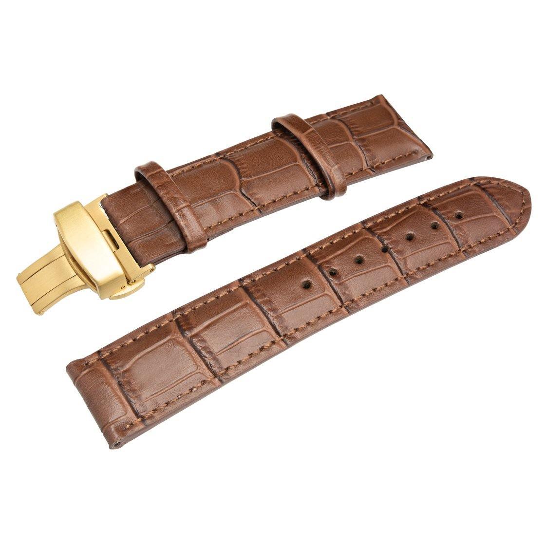 Introducing the HERITAGE Mocha Croc (22mm), a luxurious brown leather watch strap with an elegant crocodile pattern and a refined gold deployment clasp, featured in two separate sections from varying perspectives.
