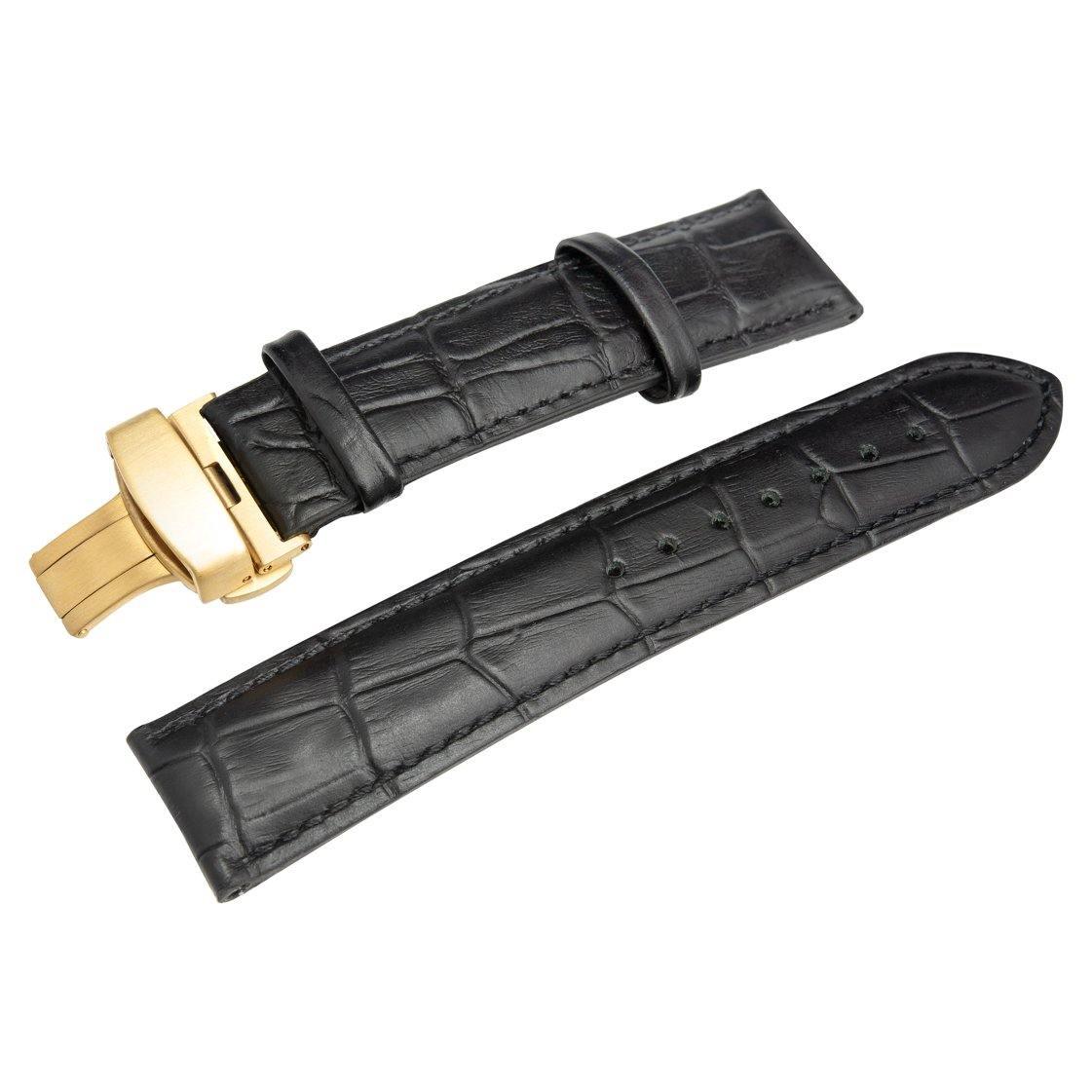 Introducing the HERITAGE Noir Croc watch strap (22mm), a luxurious black leather strap with a crocodile pattern and a gold clasp. The strap is split into two separate pieces, each equipped with multiple holes for easy sizing adjustments.