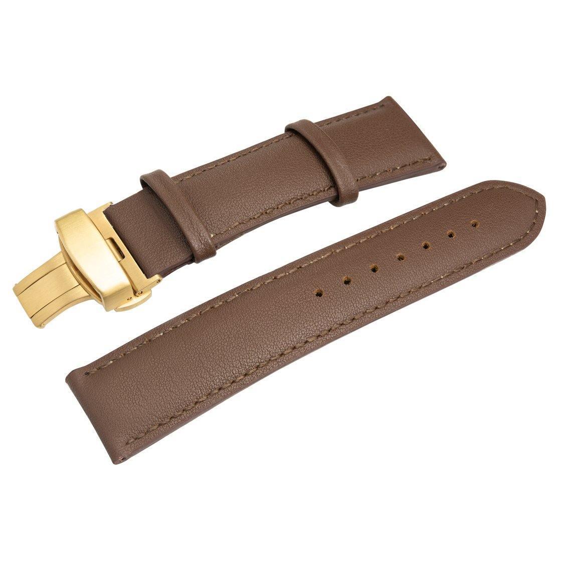 The HERITAGE Nougat Croc (22mm) features a brown leather watch strap with a gold buckle. It is shown in two parts: one with the buckle and the other with holes for adjustment, all presented on a white background.