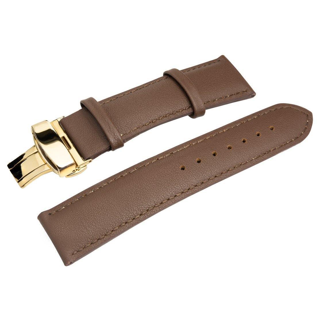 The HERITAGE Nougat Croc (22mm) leather watch strap in brown is elegantly laid out flat, showcasing a gold-tone deployment clasp and featuring multiple adjustment holes for precise sizing.