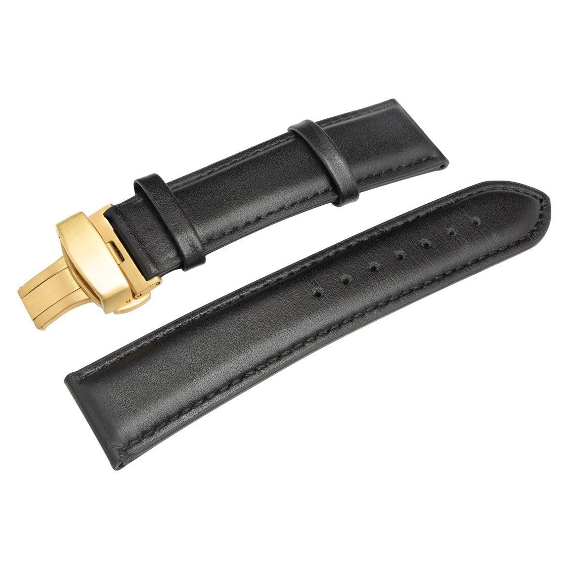 The HERITAGE Obsidian (22mm) is a black leather watch strap featuring a gold clasp, presented in two sections: one section includes the clasp and a buckle, while the other section is designed with holes for easy adjustment. The strap boasts a smooth finish with visible stitching along its edges.