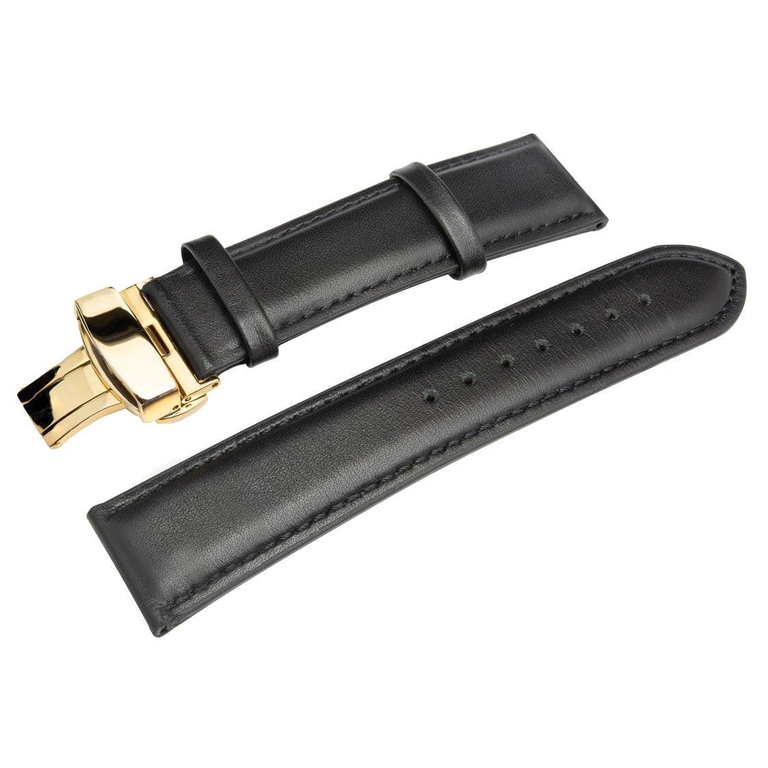 The HERITAGE Obsidian (22mm) watch strap is displayed in black leather with a smooth, polished finish and features a gold buckle. It comes in two detachable parts and includes several holes for adjustable sizing.