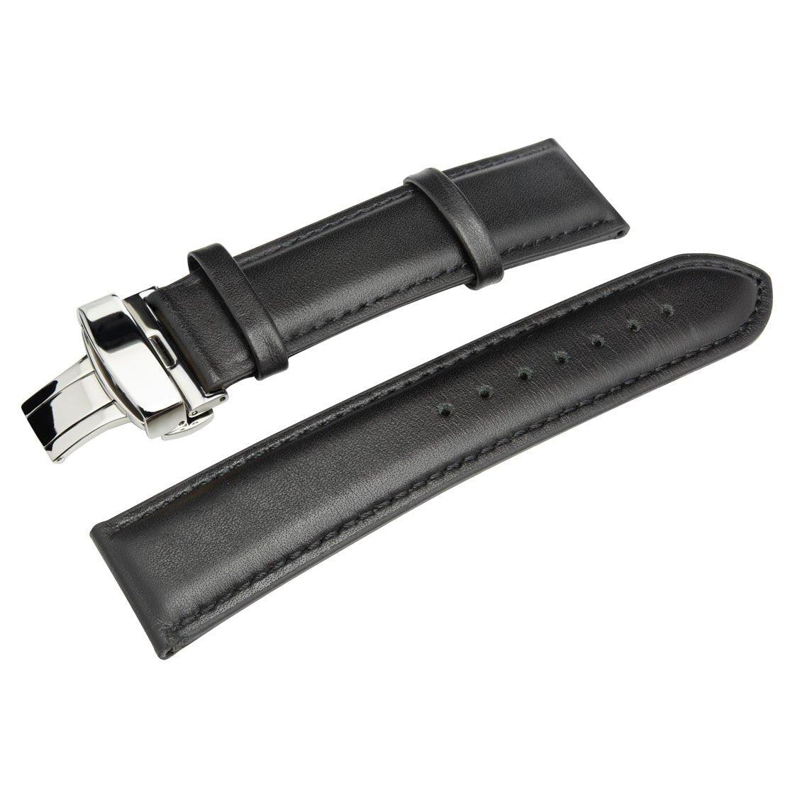 The HERITAGE Obsidian (22mm) features a black leather watch strap with a silver buckle, showcased against a white background. It has a smooth surface with multiple holes for easy size adjustment.