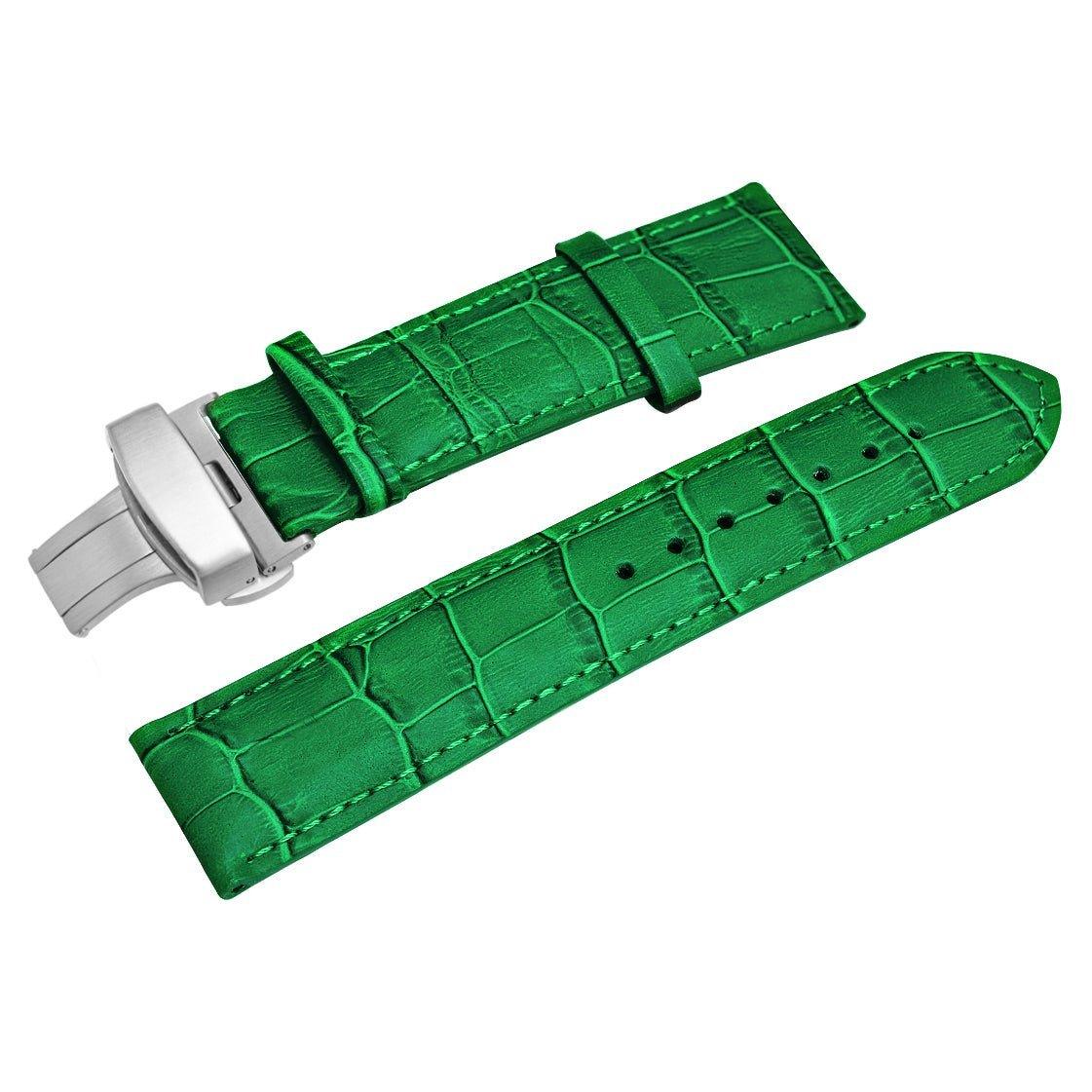 The HERITAGE Forest Croc (22mm) is a green leather watch strap with a crocodile pattern. It features a silver buckle and multiple holes for easy adjustment. The strap is showcased in two parts to provide a clear view of both the design and the clasp.