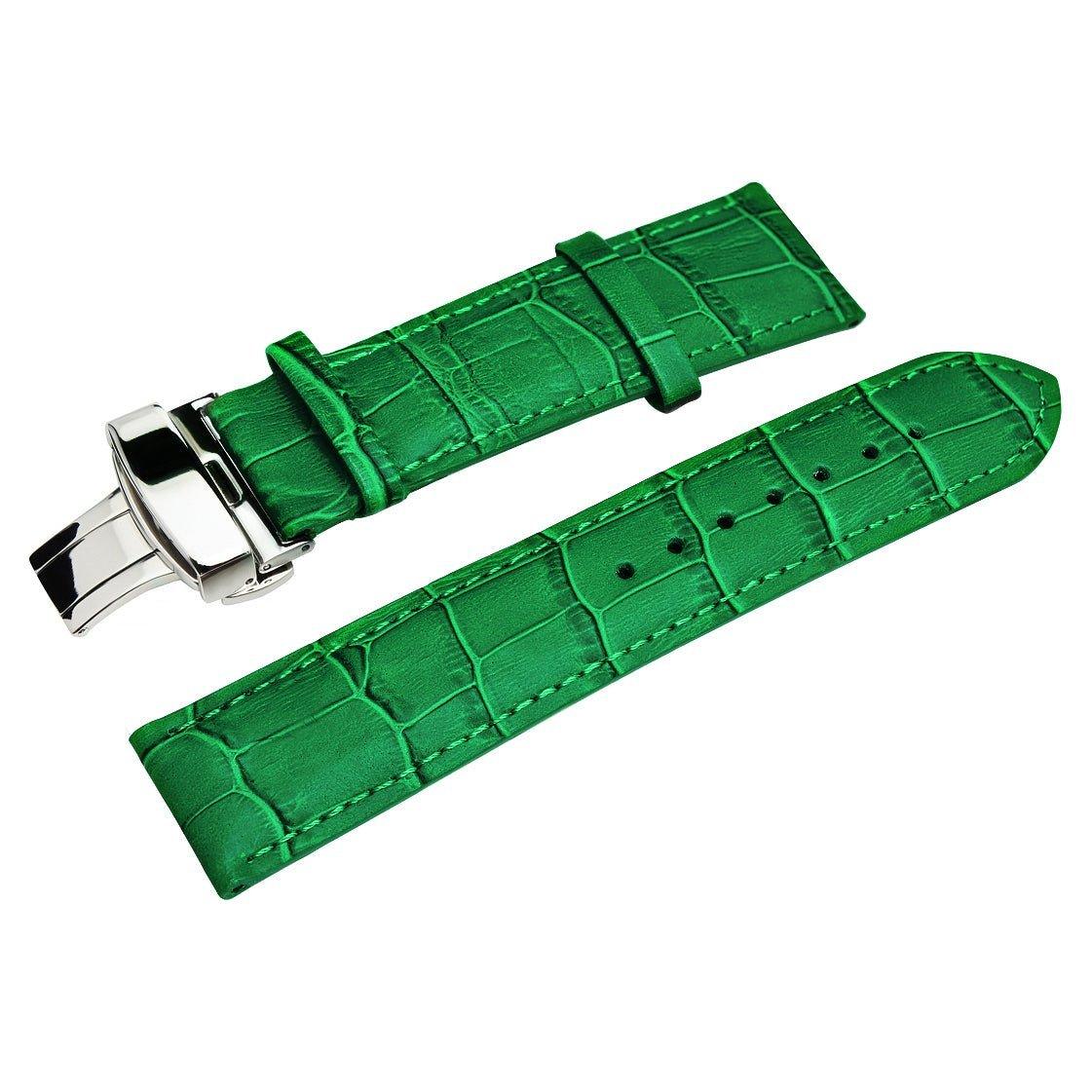 HERITAGE Forest Croc (22mm) is a green alligator leather watch strap with a textured crocodile pattern, featuring a silver deployment clasp and multiple holes for adjustable sizing.