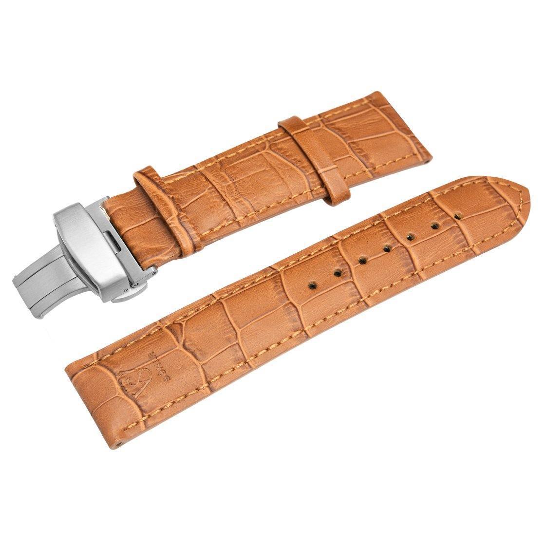 A HERITAGE Cognac Croc strap, showcasing a tan leather design with an alligator pattern and a stainless steel clasp. It is presented in two segments: one featuring the clasp and the other containing multiple holes for adjustable sizing.