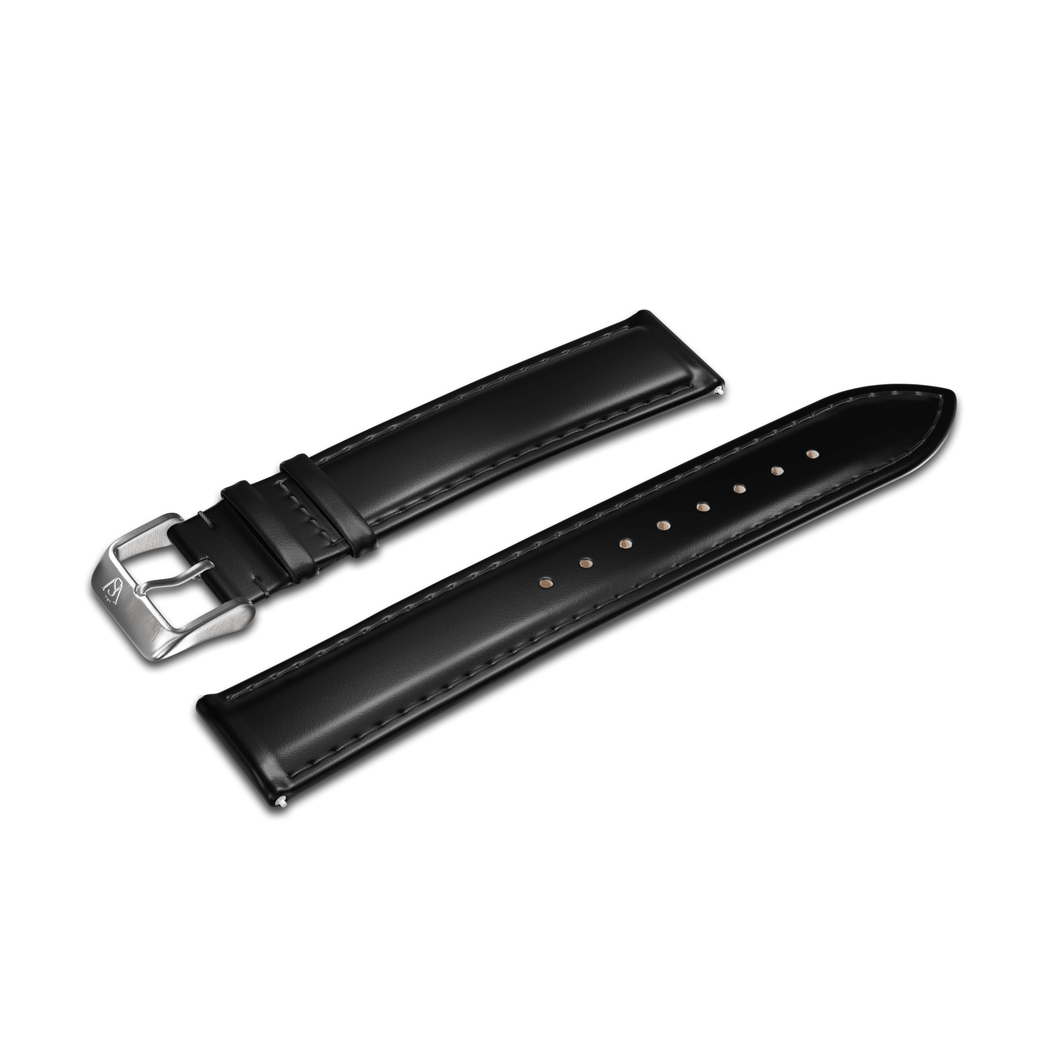 Introducing the GATSBY Obsidian (20mm) – a sleek black leather watch strap with subtle edge stitching. It comes with a stainless steel buckle attached to one part and adjustment holes on the other, showcasing its elegant design.