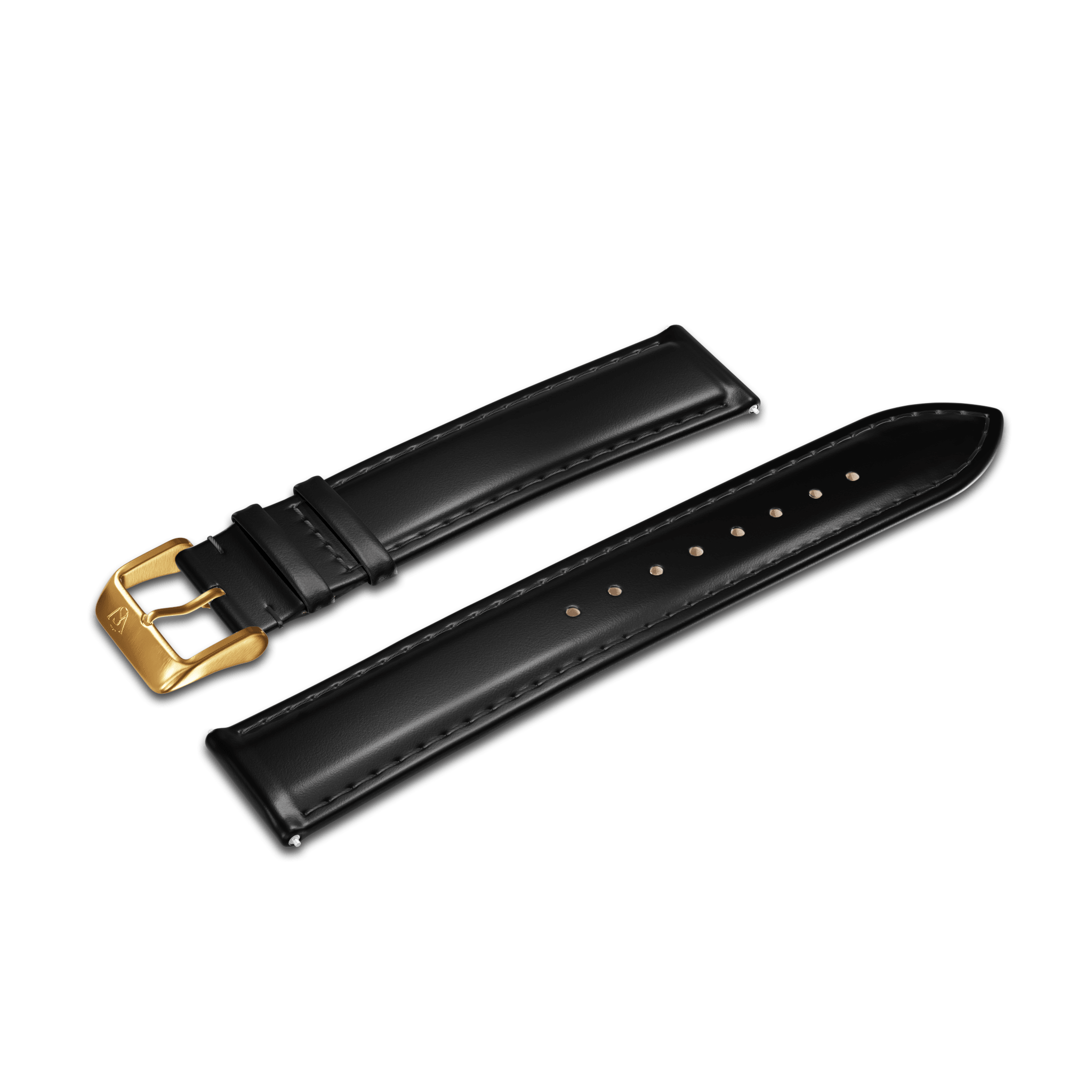 The GATSBY Obsidian (20mm) watch strap, crafted from black leather and adorned with a gold buckle, is displayed in two separate pieces. It includes multiple holes for adjustable sizing.