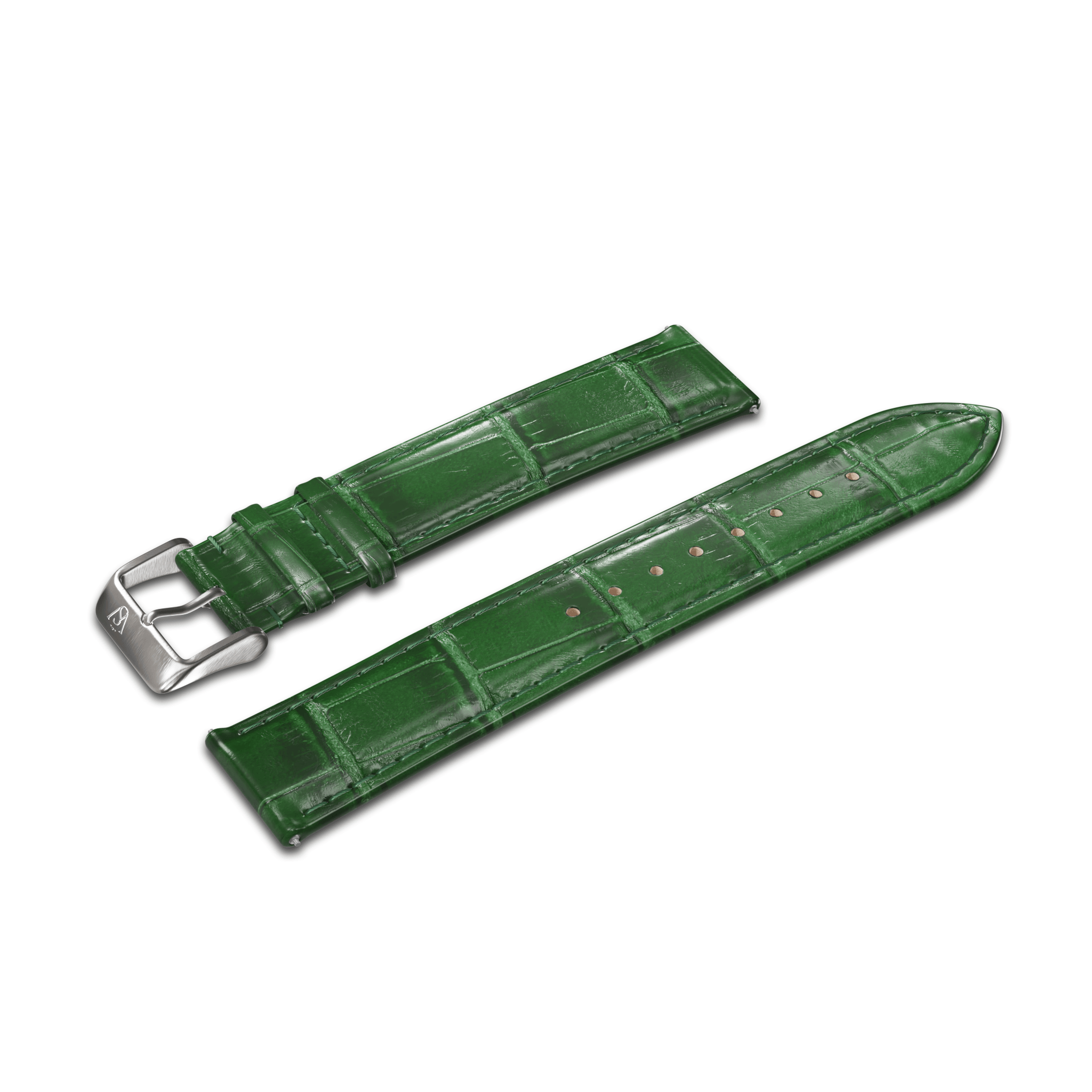 Presenting the GATSBY Forest Croc (20mm): a green leather watch strap with an elegant crocodile pattern and a shiny finish. This detached strap displays both sections, featuring one part with a sleek silver buckle and the other with multiple holes for optimal adjustment.