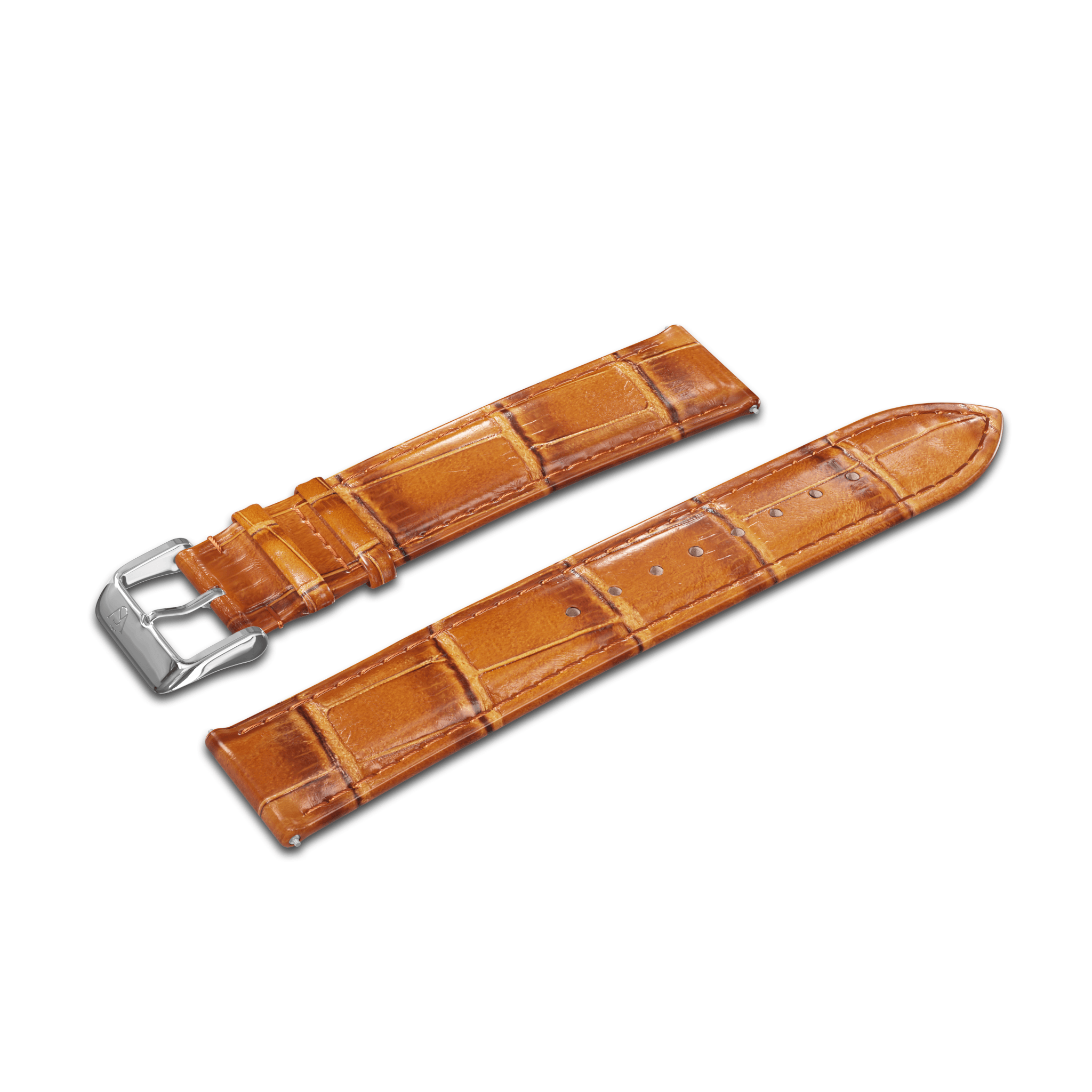 The GATSBY Cognac Croc (20mm) watch strap, featuring a textured alligator pattern in brown leather, is displayed with its silver buckle and multiple adjustment holes. The strap is presented in two pieces, showcasing both the buckle and tail ends.