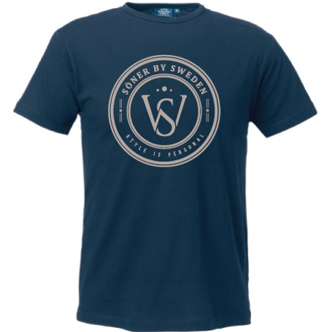 Navy blue t-shirt from the Söner T-shirt collection featuring a circular logo with Soner by Sweden and Style is Personal encircling a stylized SV design in the center.