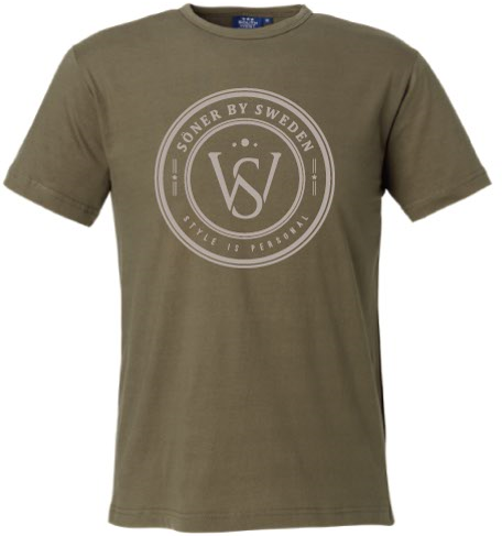 The Söner T-shirt collection features an olive green T-shirt with a Soner by Sweden logo and VS in a circular design on the front, along with the phrase Style is Personal beneath the brand name.