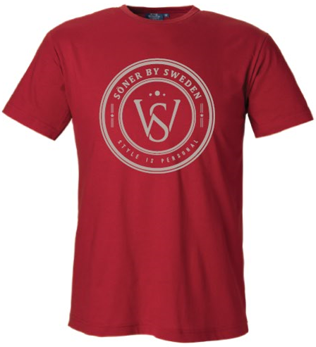 Red T-shirt from The Söner T-shirt collection featuring a circular logo with Soner by Sweden and Style is Personal encircling the center letters VS.