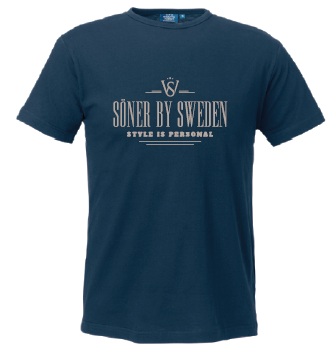 A dark blue tee from The Söner T-shirt collection displays SÖNER BY SWEDEN in bold white letters and STYLE IS PERSONAL underneath in smaller text.