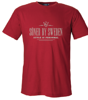 Red T-shirt from The Söner T-shirt collection featuring SÖNER BY SWEDEN and STYLE IS PERSONAL printed in white.