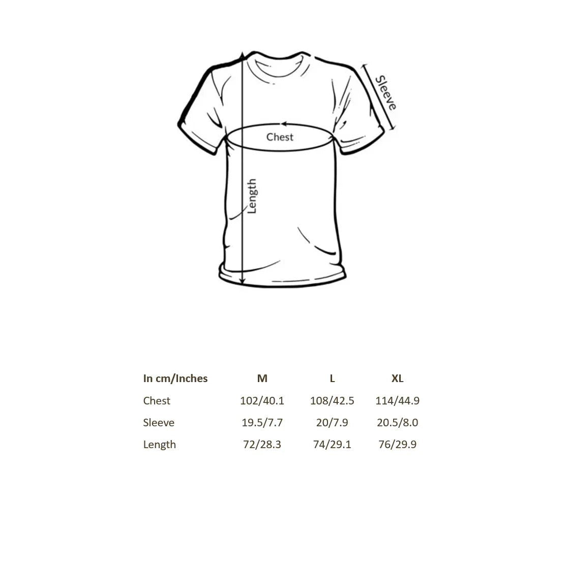 Line drawing of The Söner T-shirt with labeled measurements: chest (102-114 cm), sleeve (19.5-20.5 cm), length (72-76 cm) for sizes M, L, and XL in centimeters/inches.