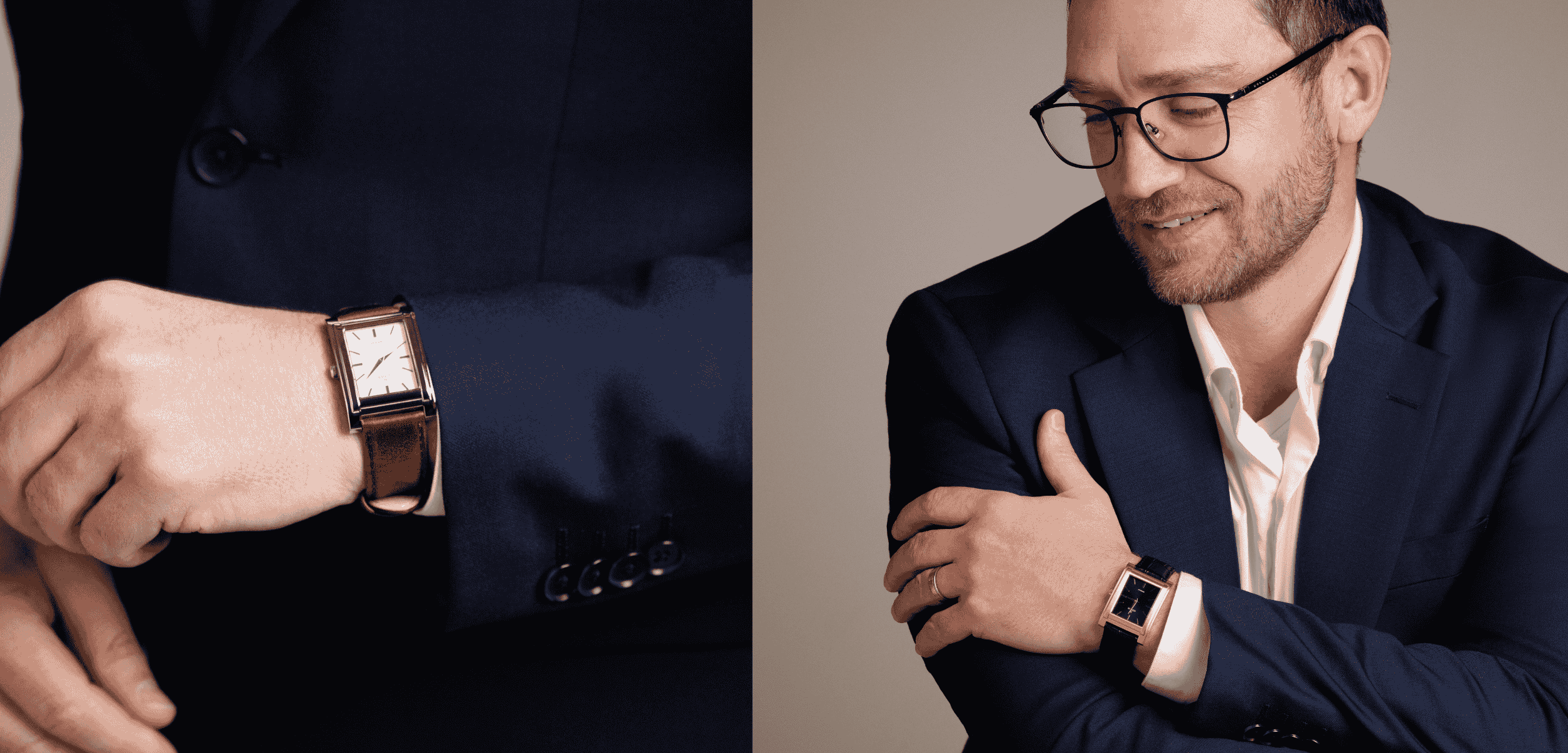 A man in a navy suit and glasses displays his stylish rectangular watch with a brown leather strap. Smiling, he looks to the side, with one image offering a close-up of the elegant watch on his wrist.