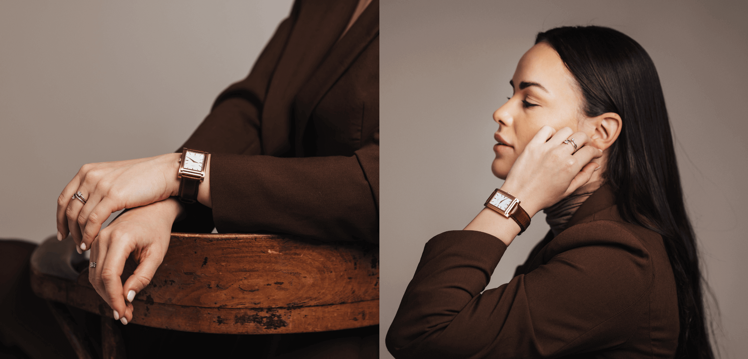 A person wearing a brown suit sits on a wooden chair. On the left, their hands rest on the chair, showcasing a watch. On the right, they touch their face, highlighting the watch and rings. The background is neutral.
