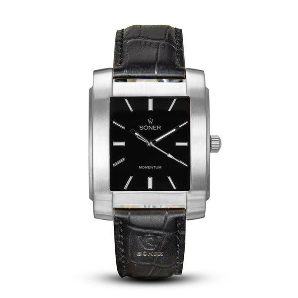 Eden, a square automatic watch from söner with a brushed steel case and a onyx black dial | Black alligator strap.