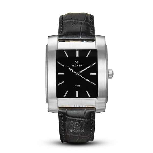 Basilica, a square watch from söner watches with a brushed steel case and a onyx black dial | Black alligator strap.