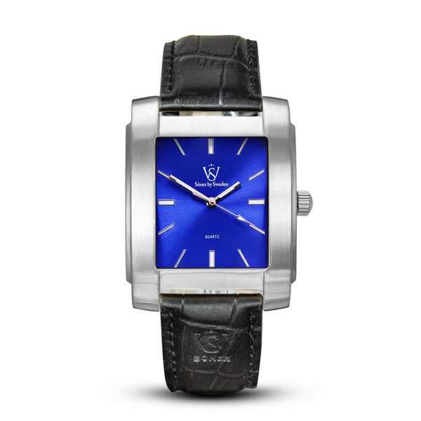 Majorca, a square watch from söner watches with a brushed steel case and a radiant blue dial | Black alligator strap.