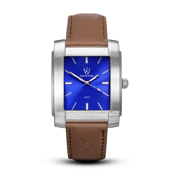 Majorca, a square watch from söner watches with a brushed steel case and a radiant blue dial | Brown smooth strap.