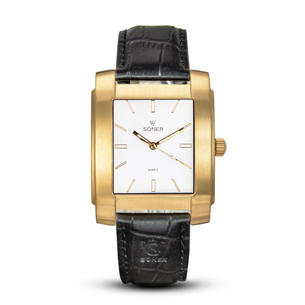 Express, a square watch from söner watches with a brushed gold case and a white dial | Black alligator strap.
