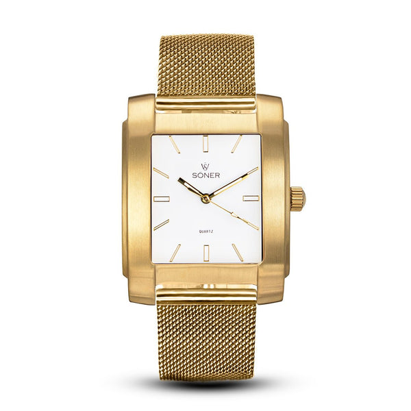 Express, a square watch from söner watches with a brushed gold case and a white dial | Gold steel mesh strap.