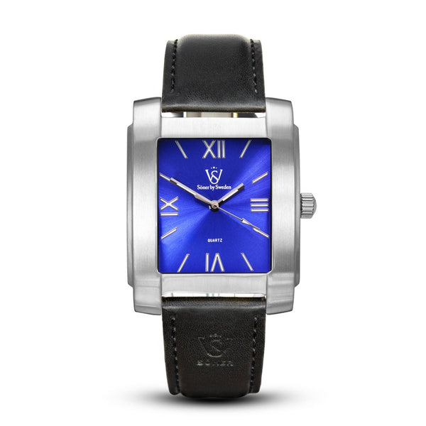 Stoclet, a square watch from söner watches with a brushed steel case and a radiant blue dial | Black smooth strap.