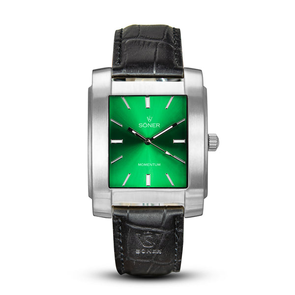 Fairmont, a square automatic watch from söner with a brushed steel case and a green dial | Black alligator strap.
