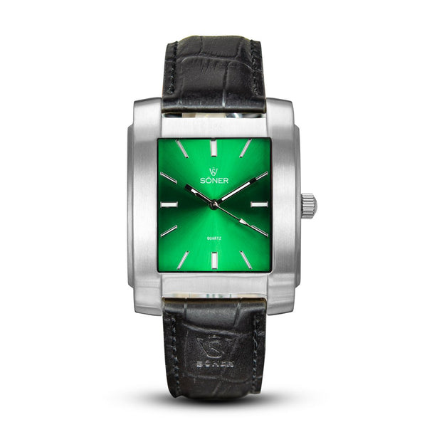 Anstey, a square watch from söner watches with a brushed steel case and a radiant green dial | Black alligator strap.