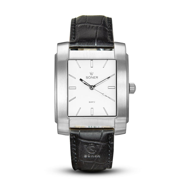 Chaillot, a square watch from söner watches with a brushed steel case and a porcelain white dial | Black alligator strap.