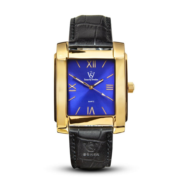 Mercado, a square watch from söner watches with a polished gold case and a radiant blue roman dial | Black alligator strap.