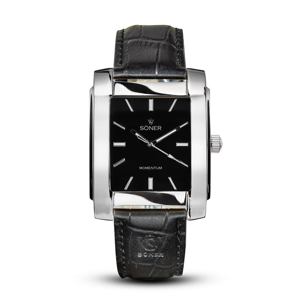 Harlingen, a square automatic watch from söner with a polished steel case and a onyx black dial | Black alligator strap.