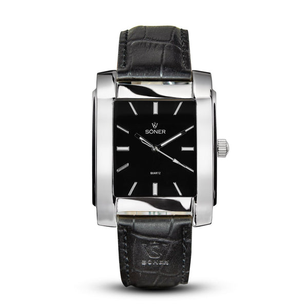 Paramount, a square watch from söner watches with a polished steel case and a onyx black dial | Black alligator strap.
