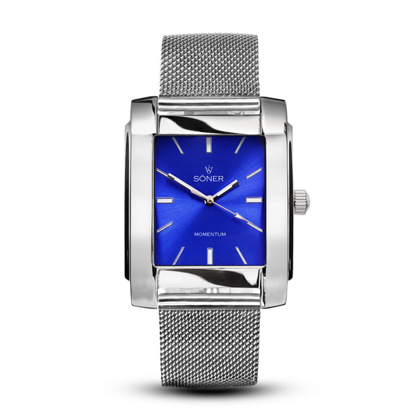 Bacardi, a square automatic watch from söner with a polished steel case and a radiant blue dial | Silver steel mesh strap.
