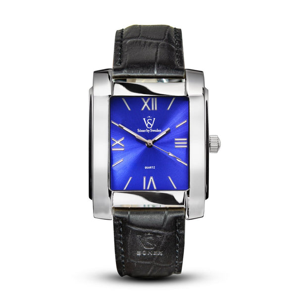 Qamar, a square watch from söner watches with a polished steel case and a radiant blue roman dial | Black alligator strap.