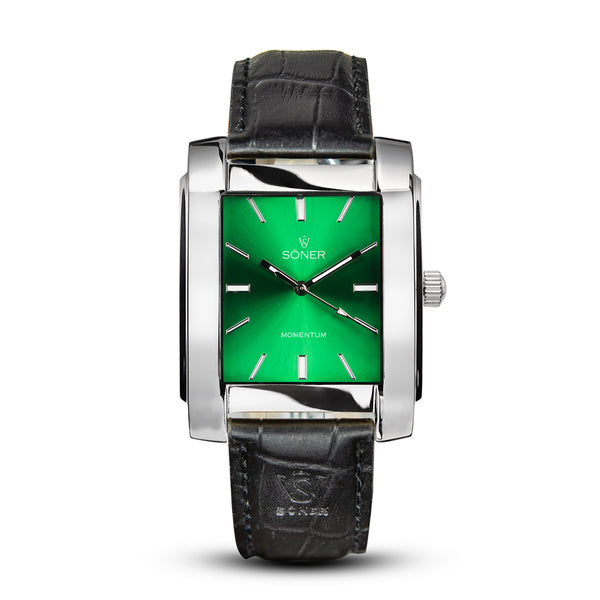 Rhodes, a square automatic watch from söner with a polished steel case and a radiant green dial Black alligator strap.