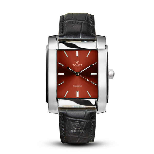 Rhodes, a square automatic watch from söner with a polished steel case and a red dial | Black alligator strap.