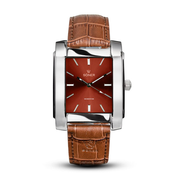 Rhodes, a square automatic watch from söner with a polished steel case and a red dial | Dark brown alligator strap.